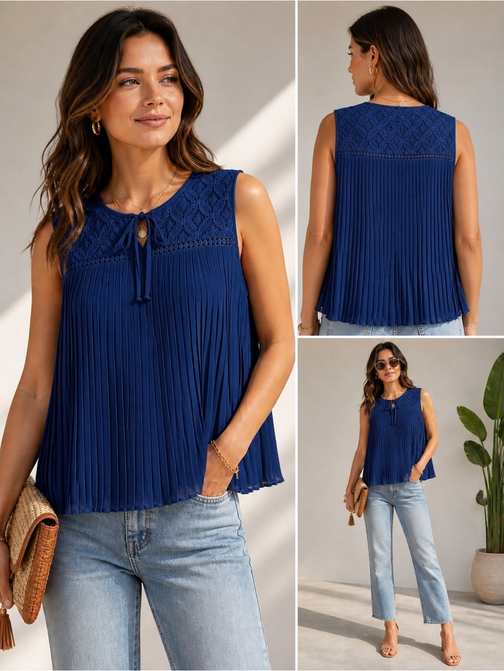 Zac & Rachel Navy Blue‎ Pleated Crochet Lace Blouse Sleeveless Boho Top Size L